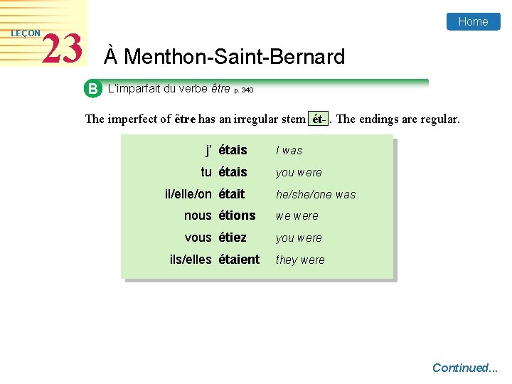 LEÇON Home 23 À Menthon-Saint-Bernard B L’imparfait du verbe être p. 340 The imperfect