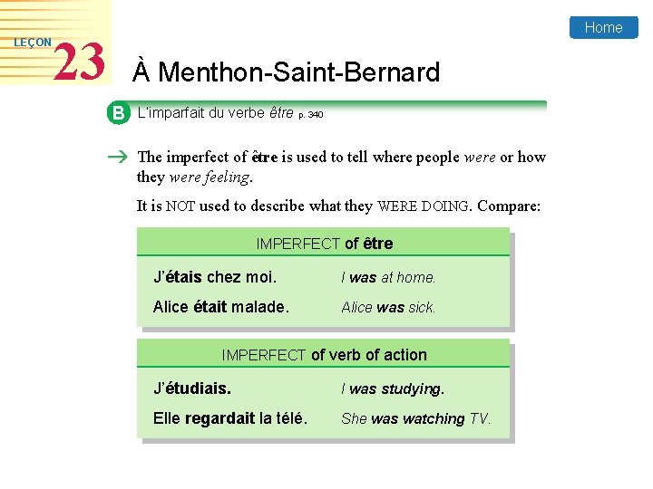 LEÇON Home 23 À Menthon-Saint-Bernard B L’imparfait du verbe être p. 340 The imperfect