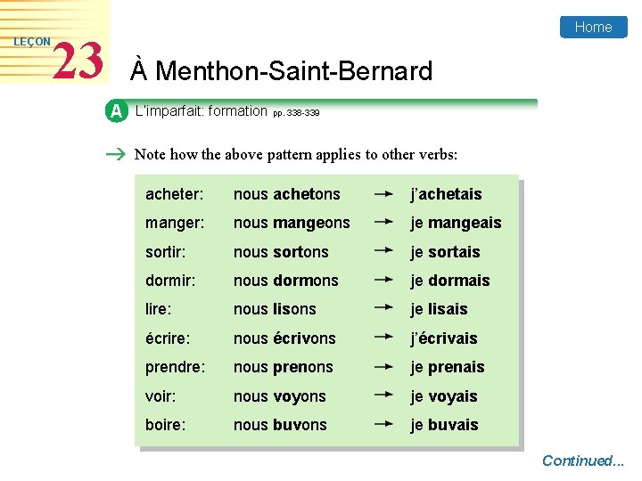 LEÇON Home 23 À Menthon-Saint-Bernard A L’imparfait: formation pp. 338 -339 Note how the