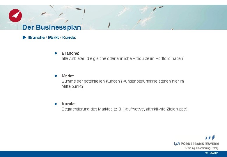 Der Businessplan Branche / Markt / Kunde: Branche: alle Anbieter, die gleiche oder ähnliche