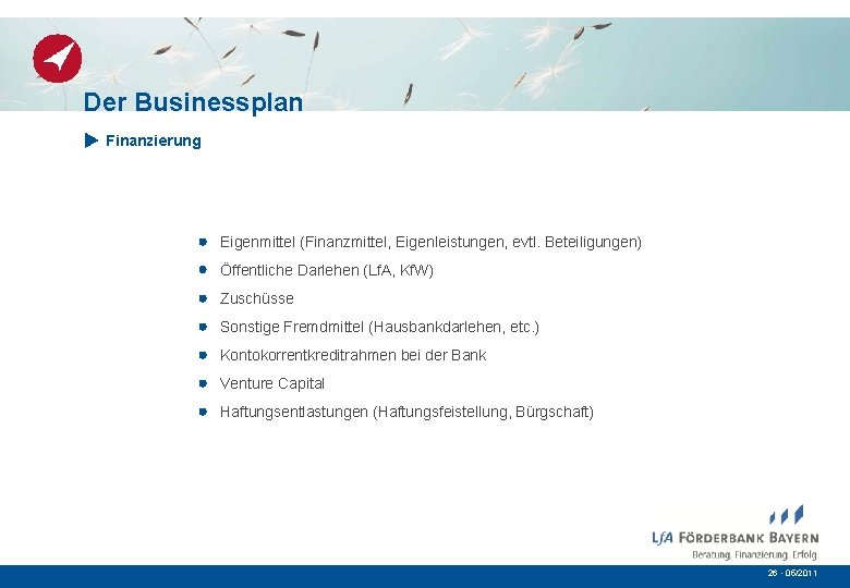 Der Businessplan Finanzierung Eigenmittel (Finanzmittel, Eigenleistungen, evtl. Beteiligungen) Öffentliche Darlehen (Lf. A, Kf. W)