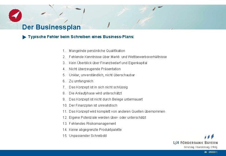 Der Businessplan Typische Fehler beim Schreiben eines Business-Plans: 1. Mangelnde persönliche Qualifikation 2. Fehlende