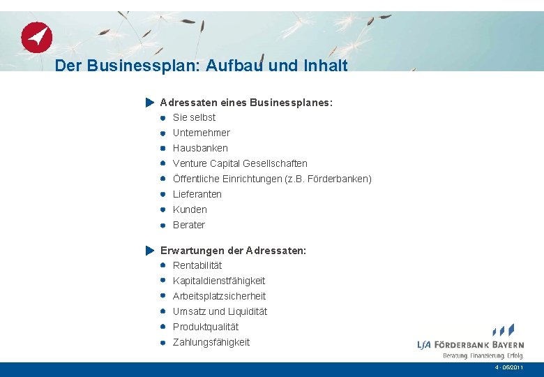 Der Businessplan: Aufbau und Inhalt Adressaten eines Businessplanes: Sie selbst Unternehmer Hausbanken Venture Capital