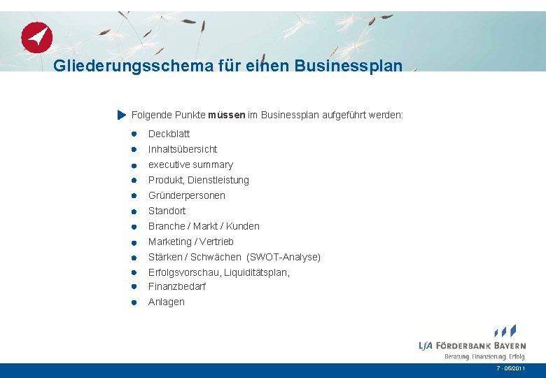 Gliederungsschema für einen Businessplan Folgende Punkte müssen im Businessplan aufgeführt werden: Deckblatt Inhaltsübersicht executive