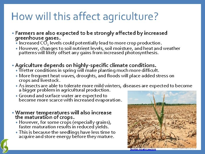 How will this affect agriculture? • Farmers are also expected to be strongly affected