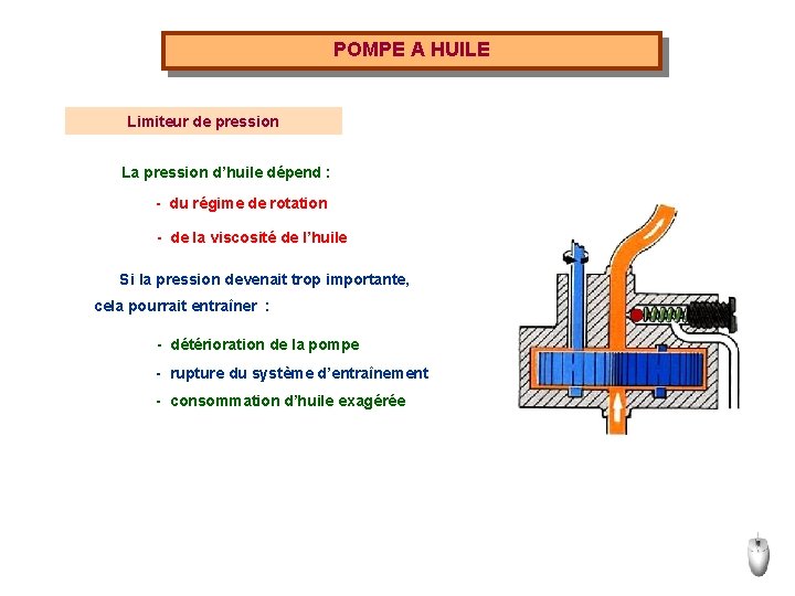 POMPE A HUILE Limiteur de pression La pression d’huile dépend : - du régime