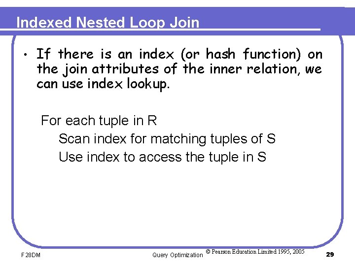 Indexed Nested Loop Join • If there is an index (or hash function) on