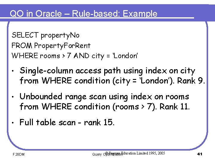 QO in Oracle – Rule-based: Example SELECT property. No FROM Property. For. Rent WHERE