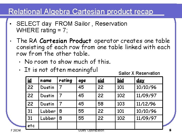 Relational Algebra Cartesian product recap • SELECT day FROM Sailor , Reservation WHERE rating