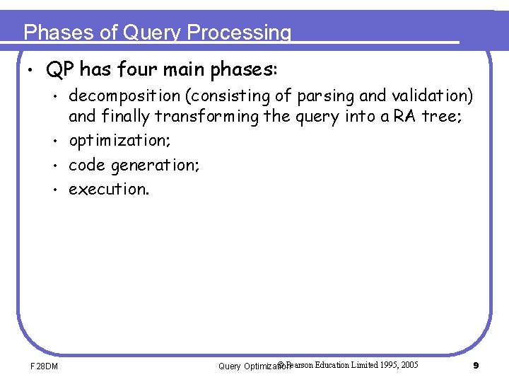 Phases of Query Processing • QP has four main phases: • • F 28