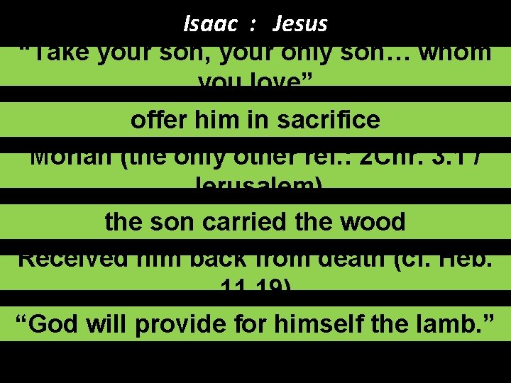 Isaac : Jesus “Take your son, your only son… whom you love” offer him