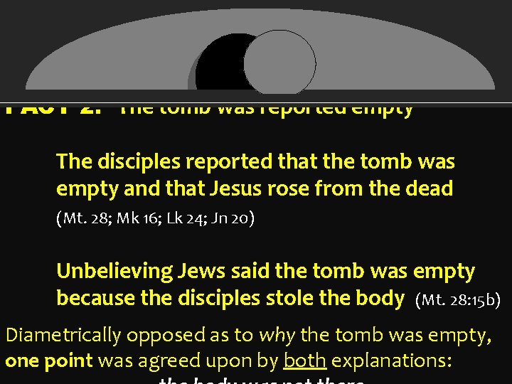 FACT 2. The tomb was reported empty The disciples reported that the tomb was