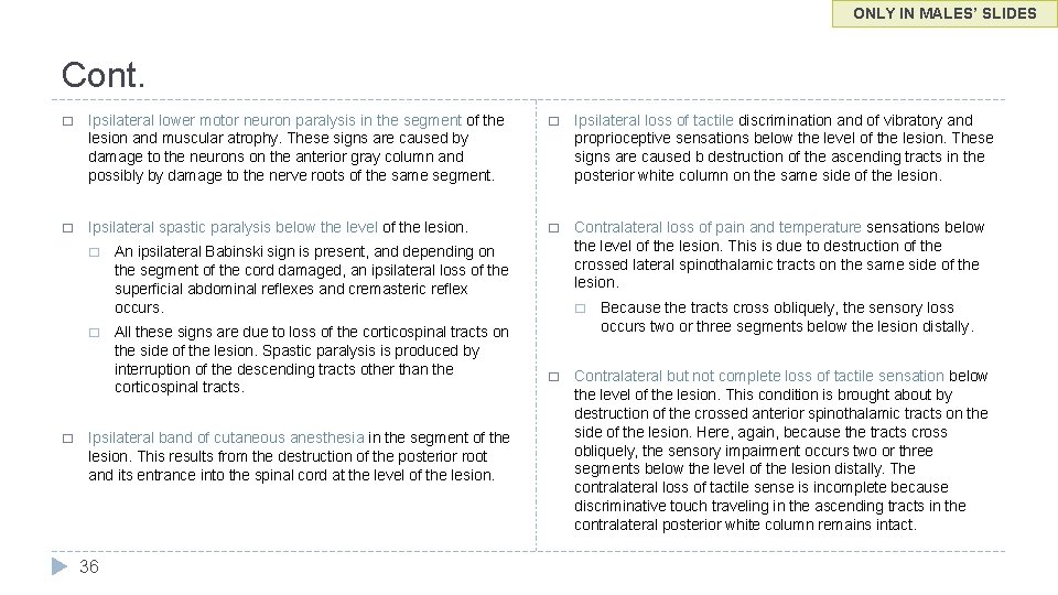 ONLY IN MALES’ SLIDES Cont. � Ipsilateral lower motor neuron paralysis in the segment
