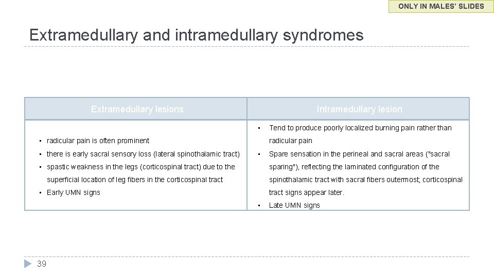 ONLY IN MALES’ SLIDES Extramedullary and intramedullary syndromes Extramedullary lesions Intramedullary lesion • •