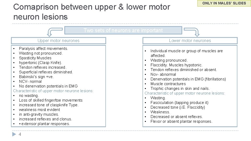 Comaprison between upper & lower motor neuron lesions ONLY IN MALES’ SLIDES Two sets
