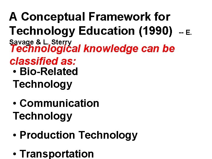 A Conceptual Framework for Technology Education (1990) Savage & L. Sterry Technological knowledge can