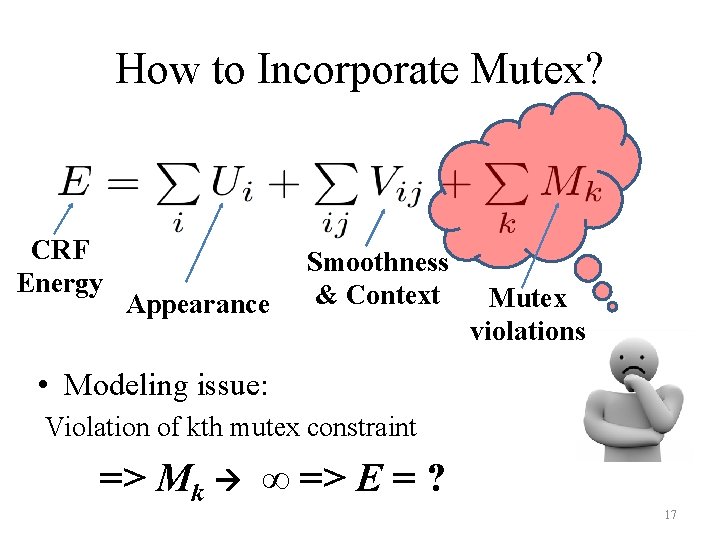 How to Incorporate Mutex? CRF Energy Appearance Smoothness & Context Mutex violations • Modeling