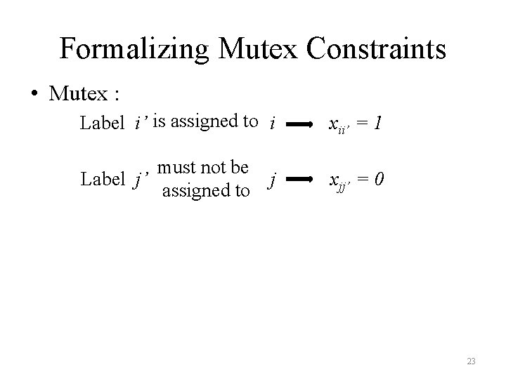 Formalizing Mutex Constraints • Mutex : Label i’ is assigned to i xii’ =