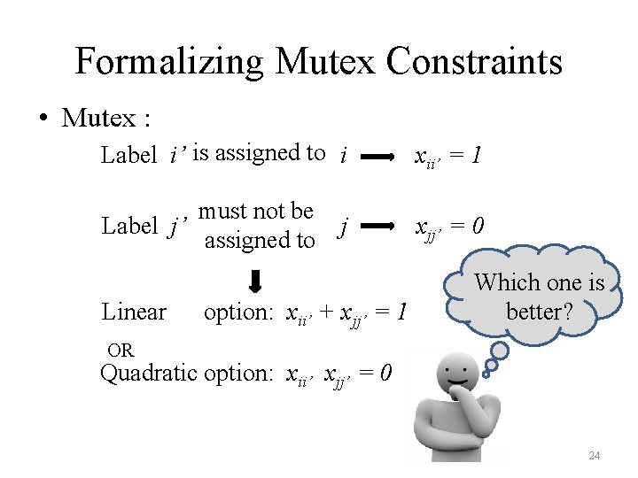 Formalizing Mutex Constraints • Mutex : Label i’ is assigned to i xii’ =