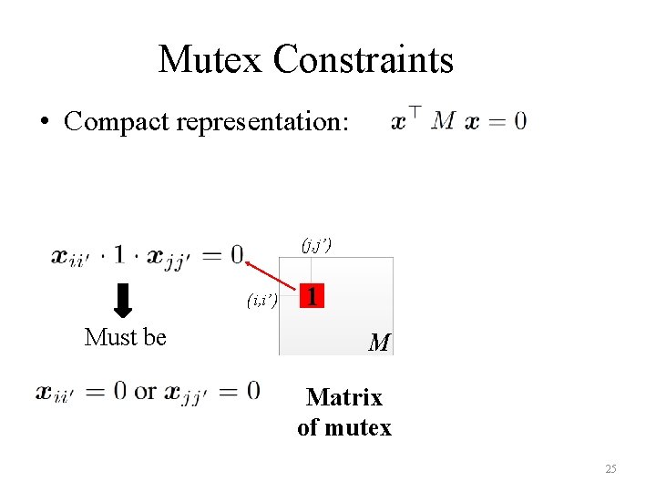 Mutex Constraints • Compact representation: (j, j’) (i, i’) Must be 1 M Matrix