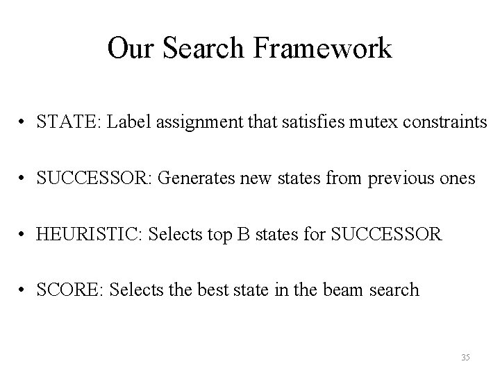 Our Search Framework • STATE: Label assignment that satisfies mutex constraints • SUCCESSOR: Generates