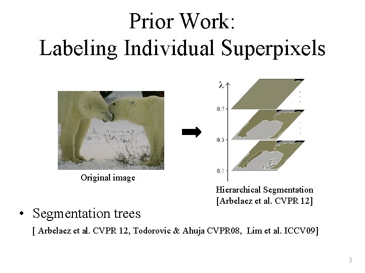 Prior Work: Labeling Individual Superpixels Original image • Segmentation trees Hierarchical Segmentation [Arbelaez et