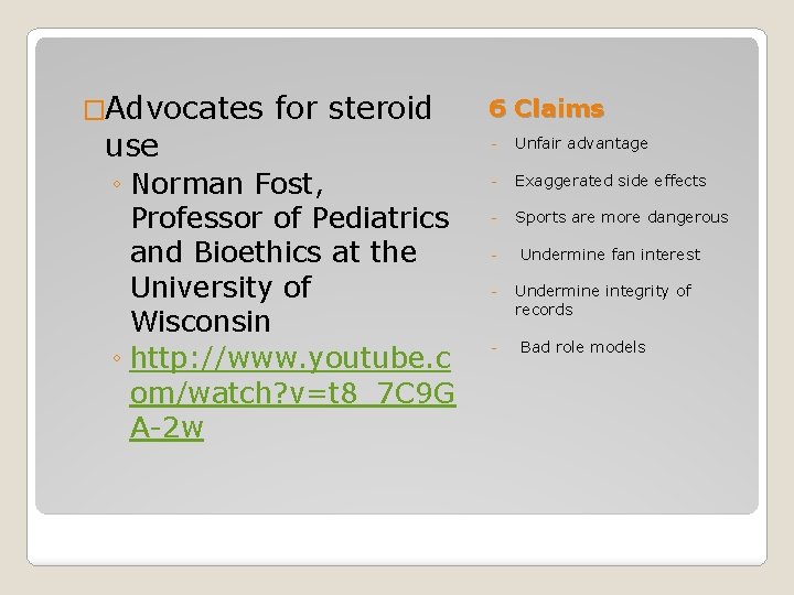 �Advocates use for steroid ◦ Norman Fost, Professor of Pediatrics and Bioethics at the