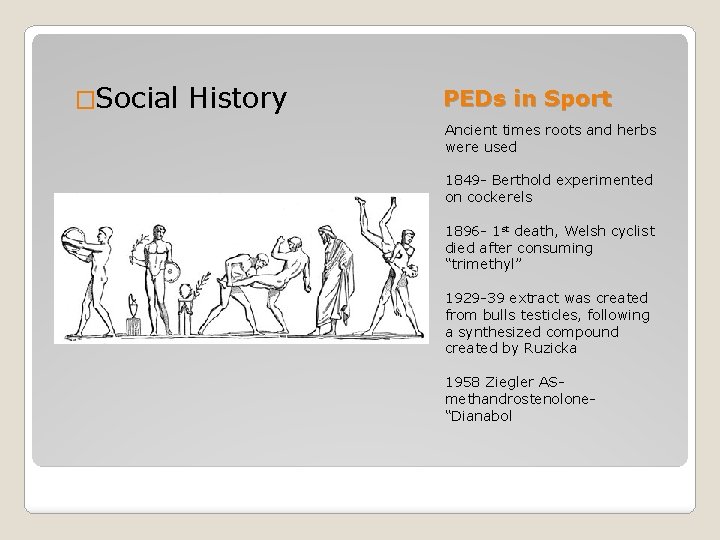 �Social History PEDs in Sport Ancient times roots and herbs were used 1849 -