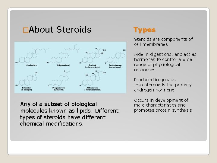 �About Steroids Types Steroids are components of cell membranes Aide in digestions, and act