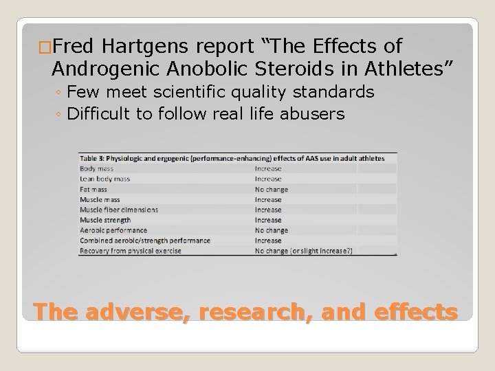 �Fred Hartgens report “The Effects of Androgenic Anobolic Steroids in Athletes” ◦ Few meet