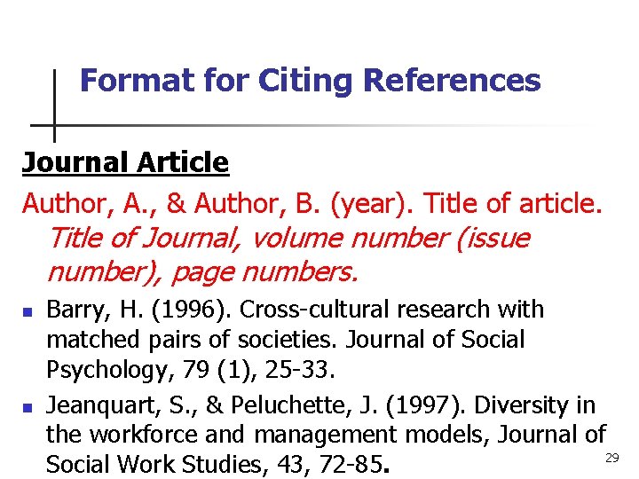 Format for Citing References Journal Article Author, A. , & Author, B. (year). Title