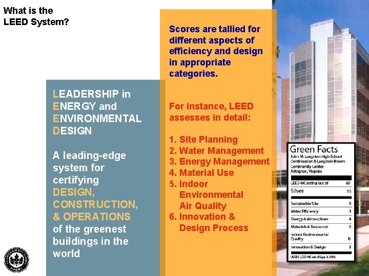 What is the LEED System? LEADERSHIP in ENERGY and ENVIRONMENTAL DESIGN A leading-edge system