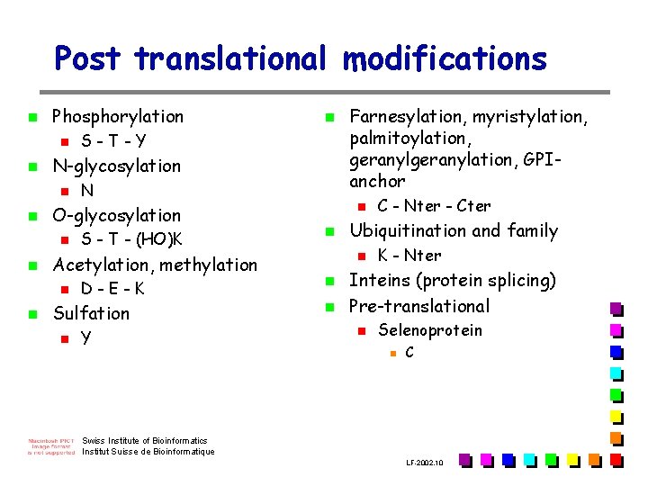 Post translational modifications n Phosphorylation n n S - T - (HO)K Acetylation, methylation Post translational modifications n Phosphorylation n n S - T - (HO)K Acetylation, methylation