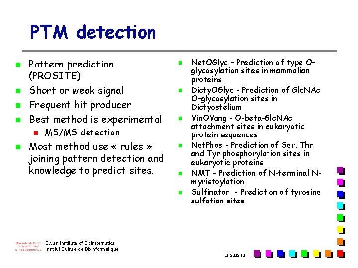 PTM detection n n Pattern prediction (PROSITE) Short or weak signal Frequent hit producer PTM detection n n Pattern prediction (PROSITE) Short or weak signal Frequent hit producer