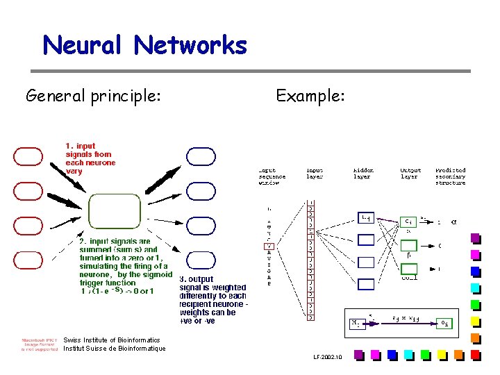 Neural Networks General principle: Example: Swiss Institute of Bioinformatics Institut Suisse de Bioinformatique LF-2002. Neural Networks General principle: Example: Swiss Institute of Bioinformatics Institut Suisse de Bioinformatique LF-2002.