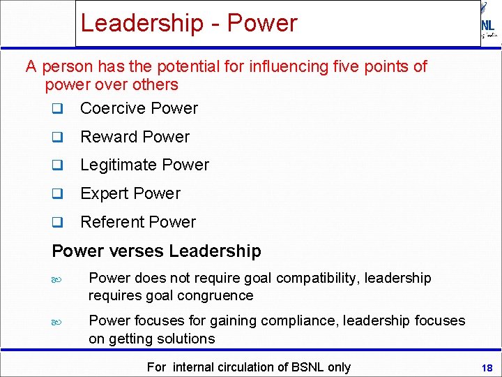 Leadership - Power A person has the potential for influencing five points of power