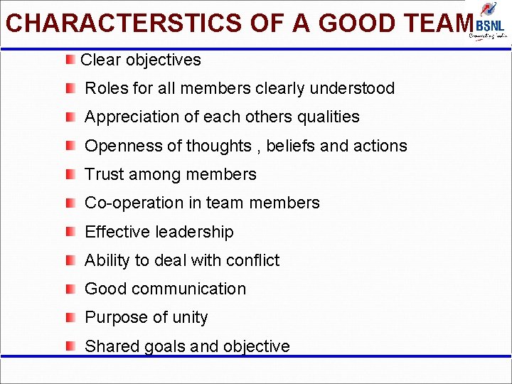 CHARACTERSTICS OF A GOOD TEAM Clear objectives Roles for all members clearly understood Appreciation