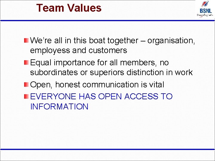 Team Values We’re all in this boat together – organisation, employess and customers Equal