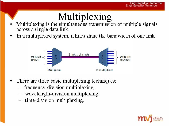 Engineered for Tomorrow Multiplexing • Multiplexing is the simultaneous transmission of multiple signals across
