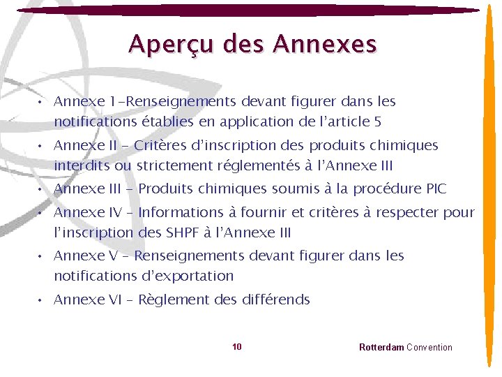 Aperçu des Annexes • Annexe 1 -Renseignements devant figurer dans les notifications établies en