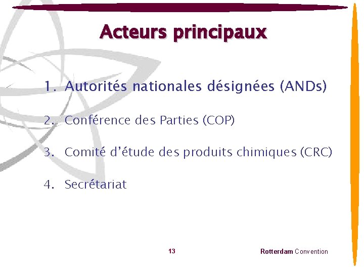 Acteurs principaux 1. Autorités nationales désignées (ANDs) 2. Conférence des Parties (COP) 3. Comité