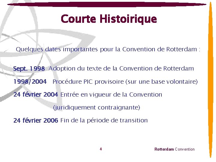 Courte Histoirique Quelques dates importantes pour la Convention de Rotterdam : Sept. 1998 Adoption