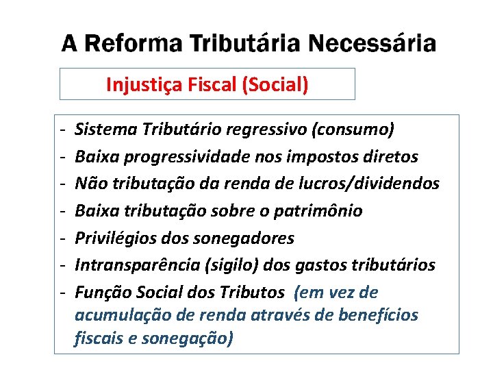 Injustiça Fiscal (Social) - Sistema Tributário regressivo (consumo) Baixa progressividade nos impostos diretos Não