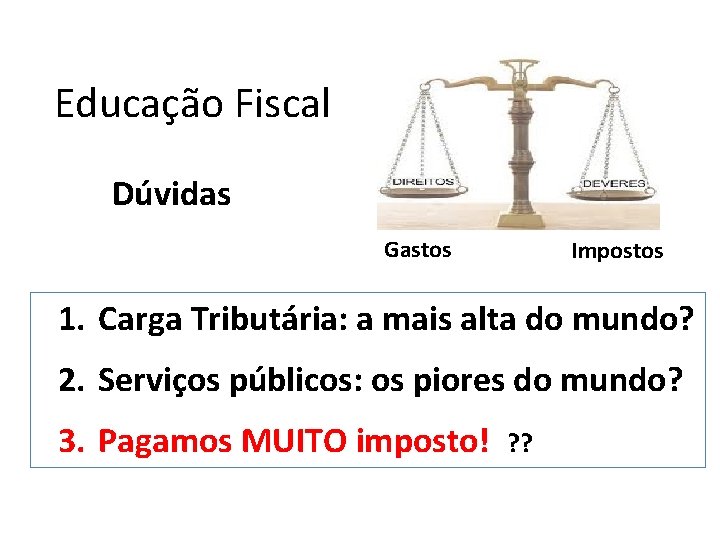 Educação Fiscal Dúvidas Gastos Impostos 1. Carga Tributária: a mais alta do mundo? 2.