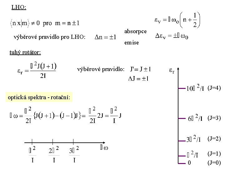 LHO: výběrové pravidlo pro LHO: absorpce emise tuhý rotátor: výběrové pravidlo: (J=4) optická spektra