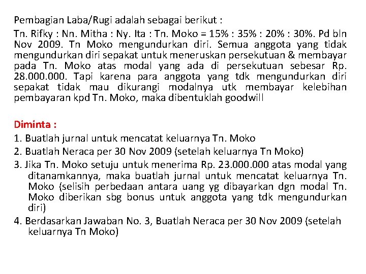 Pembagian Laba/Rugi adalah sebagai berikut : Tn. Rifky : Nn. Mitha : Ny. Ita