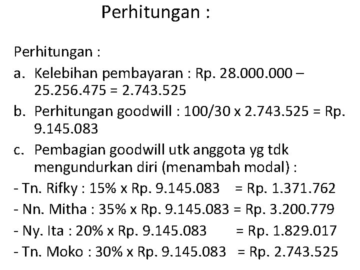 Perhitungan : a. Kelebihan pembayaran : Rp. 28. 000 – 25. 256. 475 =