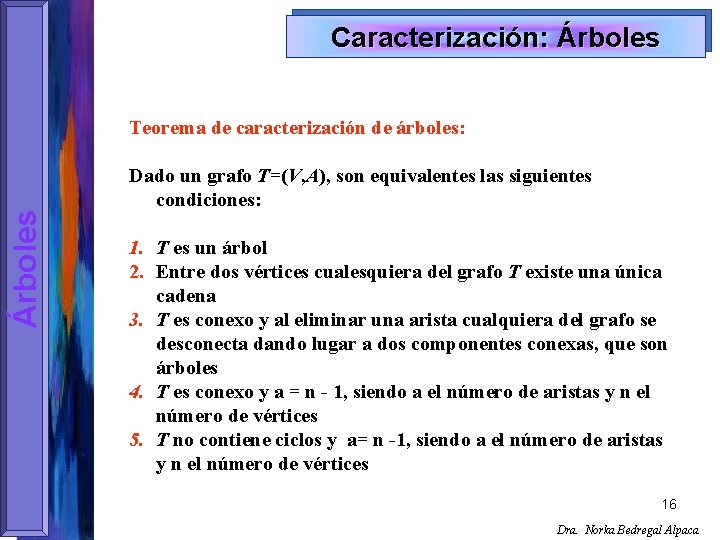 Caracterización: Árboles Teorema de caracterización de árboles: Dado un grafo T=(V, A), son equivalentes