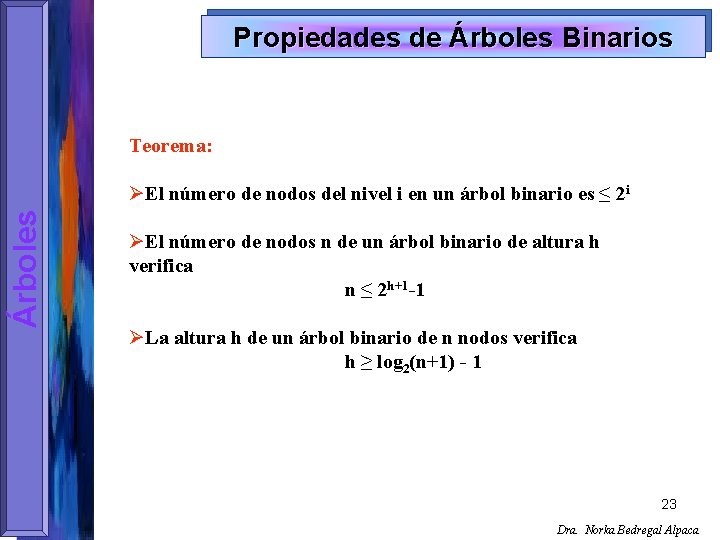 Propiedades de Árboles Binarios Teorema: Árboles ØEl número de nodos del nivel i en
