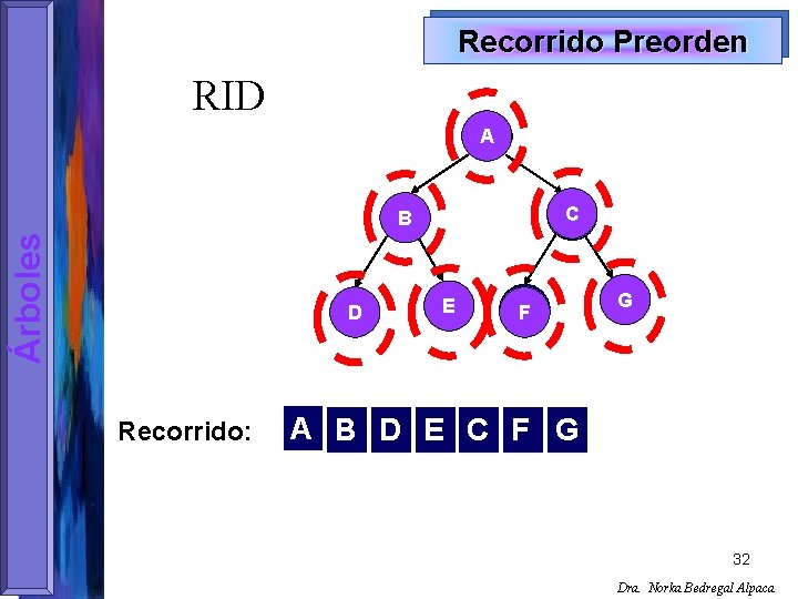 Recorrido Preorden RID A C Árboles B D Recorrido: E F G A B